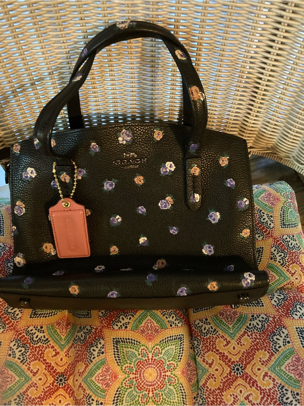 Coach Black Pebbled Leather Satchel cross bodywith Pink Tag and Floral print